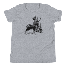  Kids Woodland Logo T shirt from River to Ridge Brand in gray featuring an elk or red stag deer standing in the forest