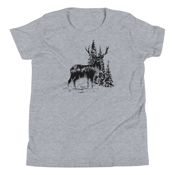 Kids Woodland Logo T shirt from River to Ridge Brand in gray featuring an elk or red stag deer standing in the forest