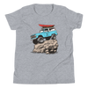 Offroad classic logo T shirt for kids from River to Ridge Brand. Features a Bronco up on a rock with big tires on it and a red kayak on top, vintage truck T