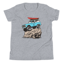  Offroad classic logo T shirt for kids from River to Ridge Brand. Features a Bronco up on a rock with big tires on it and a red kayak on top, vintage truck T