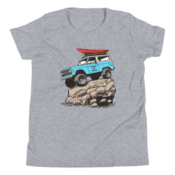 Offroad classic logo T shirt for kids from River to Ridge Brand. Features a Bronco up on a rock with big tires on it and a red kayak on top, vintage truck T