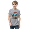 Offroad classic logo T shirt for kids from River to Ridge Brand. Features a Bronco up on a rock with big tires on it and a red kayak on top, vintage truck T. Photo of little boy wearing the T shirt