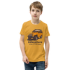 Kids T shirt on a boy in mustard yellow with an offroad truck and adventure logo from the brand River to ridge