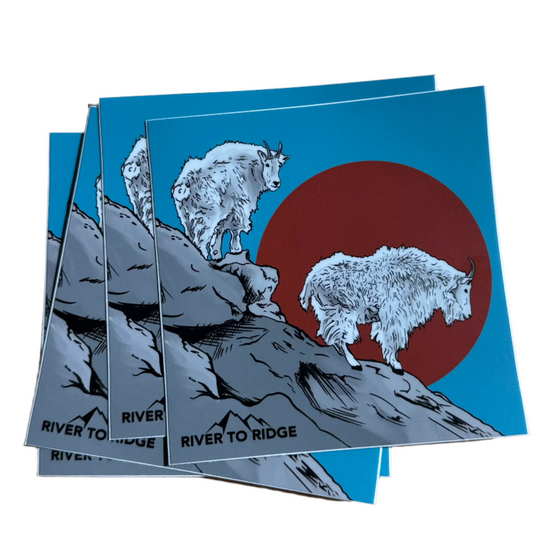 River to Ridge Brand Stickers with Mountain Goat Logo, 2 goats standing on a rock ledge with the sun behind them in red. Hunting Stickers with Free shipping
