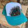 Feather Western Trucker Hats in Turquoise, Limited Edition