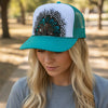 Feather Western Trucker Hats in Turquoise, Limited Edition