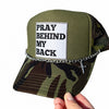 Pray Behind My Back, Women's Camo Hat w/ Silver Chain & Cross Embellishments