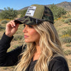 Pray Behind My Back, Women's Camo Hat w/ Silver Chain & Cross Embellishments
