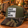 Pray Behind My Back, Women's Camo Hat w/ Silver Chain & Cross Embellishments