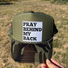 Pray Behind My Back, Women's Camo Hat w/ Silver Chain & Cross Embellishments