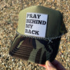 Pray Behind My Back, Women's Camo Hat w/ Silver Chain & Cross Embellishments