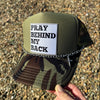 Pray Behind My Back, Women's Camo Hat w/ Silver Chain & Cross Embellishments