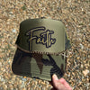 FAITH, Embelished Camo Trucker Hat w/ Chain & Cross