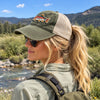 Women's Fishing Patch, Hidden Ponytail Opening, Vintage Washed Hat