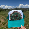 Feather Western Trucker Hats in Turquoise, Limited Edition
