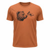 A man wearing a heathered orange t-shirt with a black graphic of a grizzly bear and a pointing hand saying 'BOOP!'.
