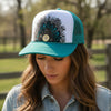 Feather Western Trucker Hats in Turquoise, Limited Edition