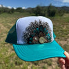 Feather Western Trucker Hats in Turquoise, Limited Edition