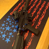 Weapon on a mat with red and blue designs