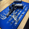 Close-up of a rifle scope on a blue and silver graphic background
