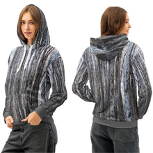  Person wearing a patterned hoodie from front and back views on a white background