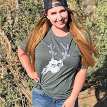  Cactus Deer Logo T shirt from River to Ridge Clothing Brand with a deer skull with antlers made out of cactus in green - on a woman with red hair