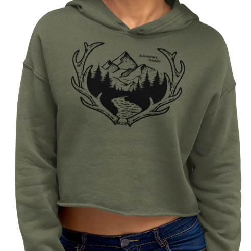 Adventure Awaits Antler Crop Hoodie, Olive