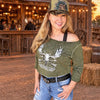 Off the Shoulder Raw Edge Archery Moose Rockstarlette Outdoors Sweatshirt