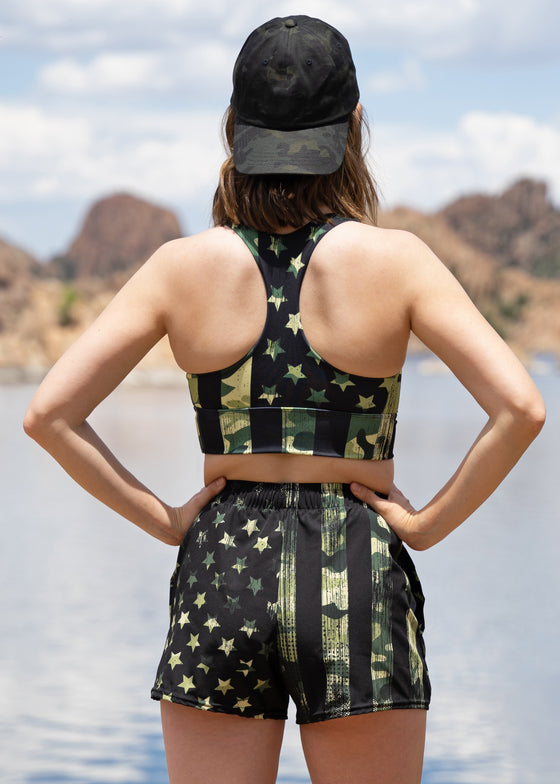SALE 20% OFF + FREE Shipping, Compression Sports Bra, XL Padded, Camo Flag Patriotic