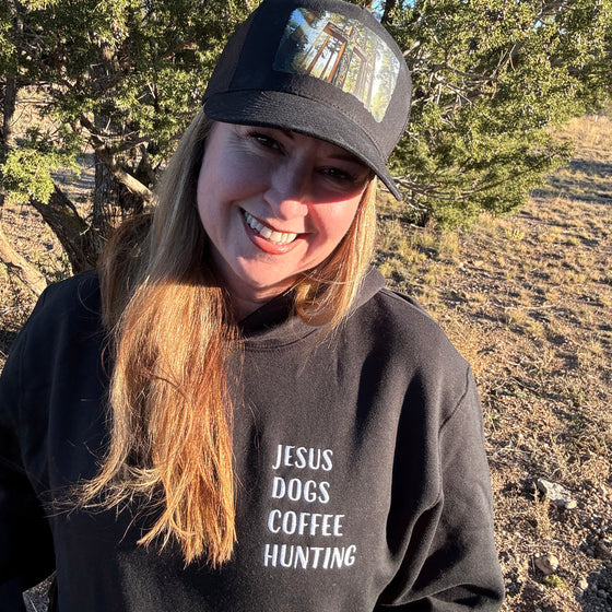 Jesus, Dogs, Coffee, Hunting: Oversized Unisex Premium Stitched Hoodie