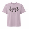 A light lavender crewneck t-shirt featuring a black graphic of antlers with the text 'RIVER TO RIDGE' printed on the chest, displayed against a solid white background.