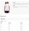 Size chart for shirts with measurement instructions and a model wearing a white shirt.