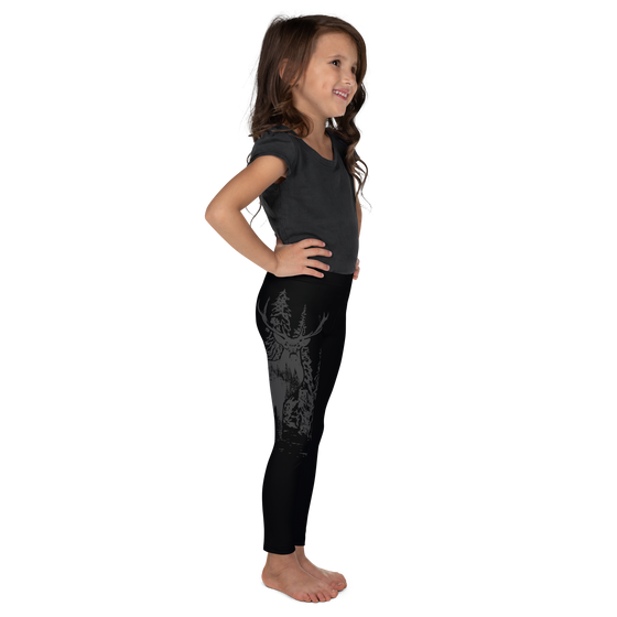 elk deer red stag logo on youth leggings on a little girl smiling