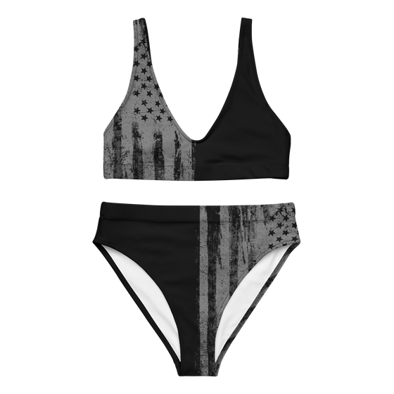 High Waist swimsuit from River to Ridge Brand with grey and black USA flag on it, patriotic