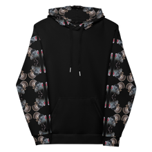 Womens hoodie in black with an all over turkey hunting gobbler print on hood and sleeves from River to Ridge Clothing Brand
