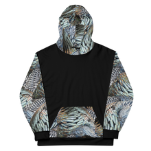  Womans Hoodie in black and a turkey feather pattern on hood and sleeves from River to Ridge Clothing Brand