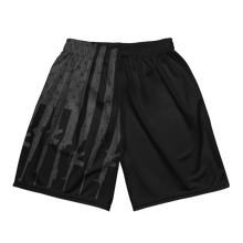  Men's Tactical Pattern Mesh Gym Shorts in black with gunmetal grey rifles and pockets, River to Ridge Brand