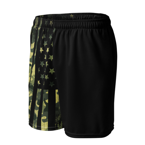 Mens Gym Shorts with Camo American Flag Pattern from River to Ridge Clothing Brand