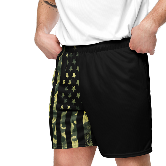 Mens Gym Shorts with Camo American Flag Pattern from River to Ridge Clothing Brand