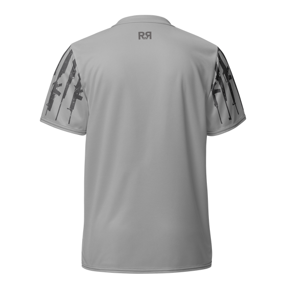 Product mockup of the back of a River to Ridge Tactical grey T shirt