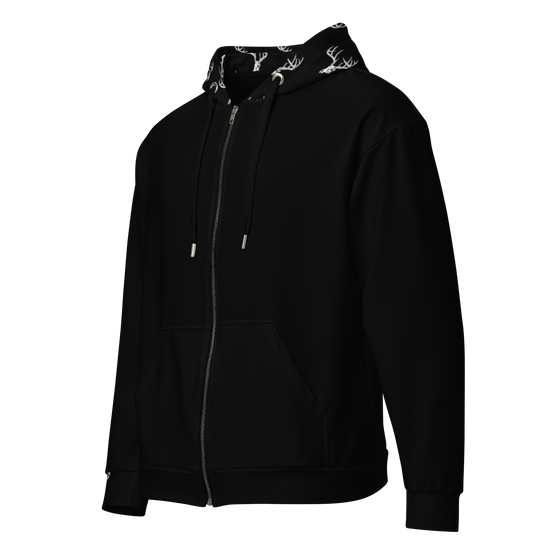 Whitetail Skull Hoodie in black from River to Ridge Clothing brand. Zip up unisex hoodie has deer skulls and antlers all over the hood and up one sleeve.