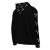 Whitetail Skull Hoodie in black from River to Ridge Clothing brand. Zip up unisex hoodie has deer skulls and antlers all over the hood and up one sleeve.