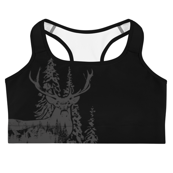 Woodland Logo Sports Bra with an Elk in the forest on activewear in black and grey