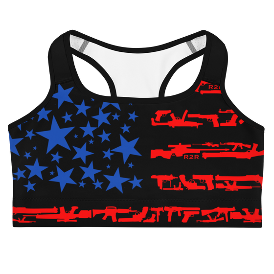 Red Blue and Black Sports Bra from River to Ridge Brand that has stars and guns on it