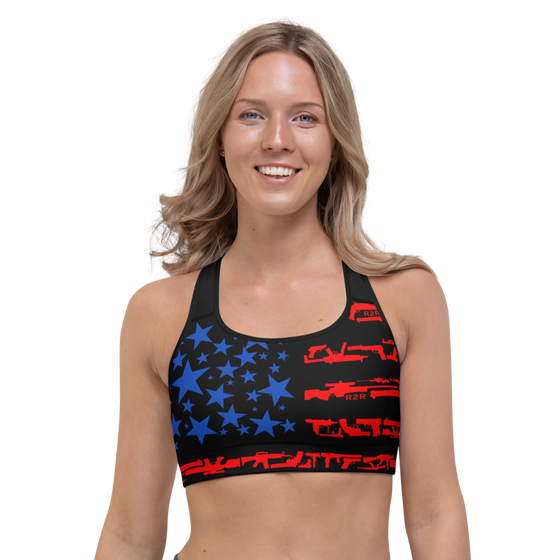 Sports Bra, Patriotic 2A Gun Flag, UPF 50