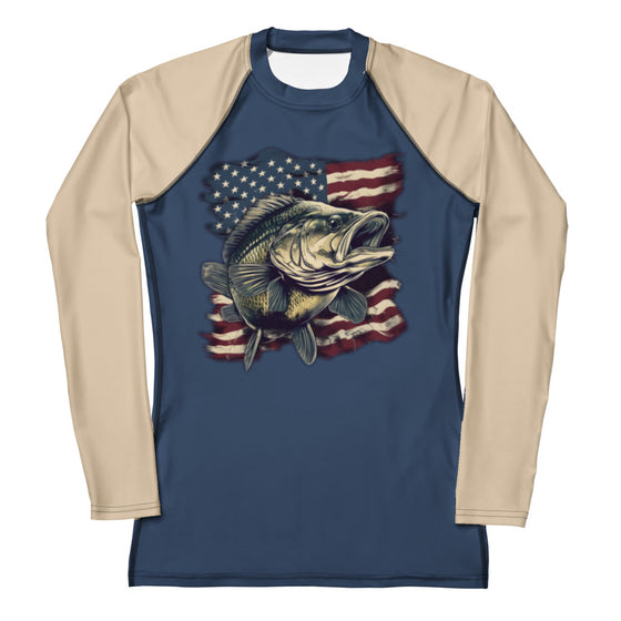 Product mockup of a Bass Fishing UPF 50 women's rash guard shirt in blue and beige with a bass over the USA flag