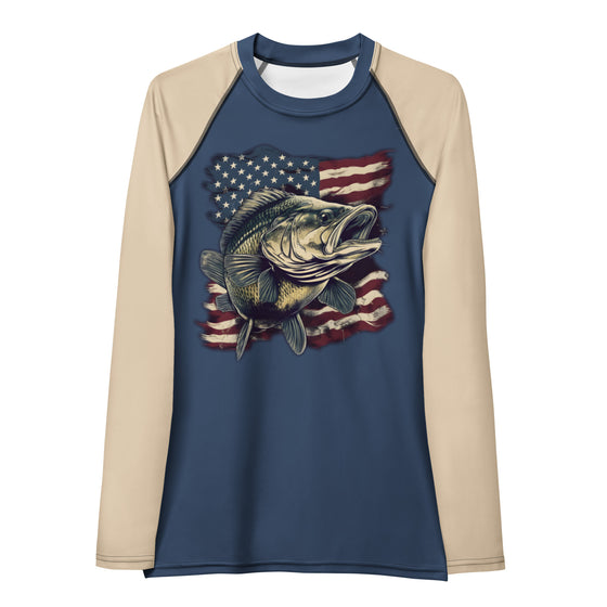 Product mockup of a Bass Fishing UPF 50 women's rash guard shirt in blue and beige with a bass over the USA flag