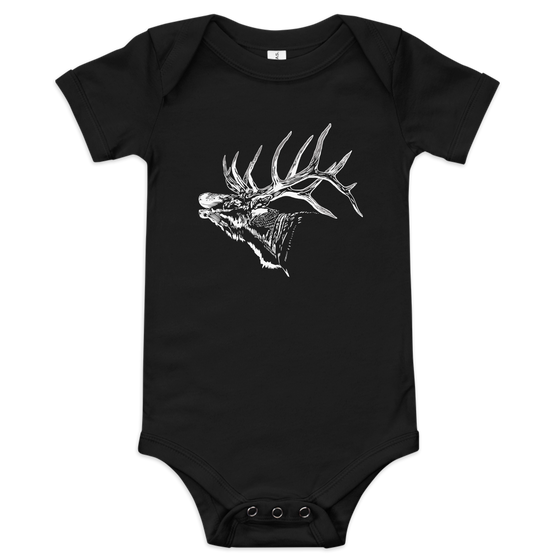 Baby one piece onesie with an elk logo on it in white and the bodysuit is in black from river to ridge brand