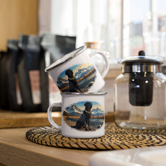 Product mockup of a black lab dog enamel camping coffee mug from River to Ridge Clothing Brand. Dog is wearing a camo collar