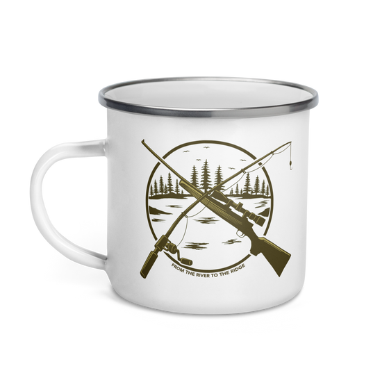 Hunting & Fishing Logo Enamel Camping Coffee Mug from River to Ridge Brand with a fishing rod and a rifle crossed over a river scene